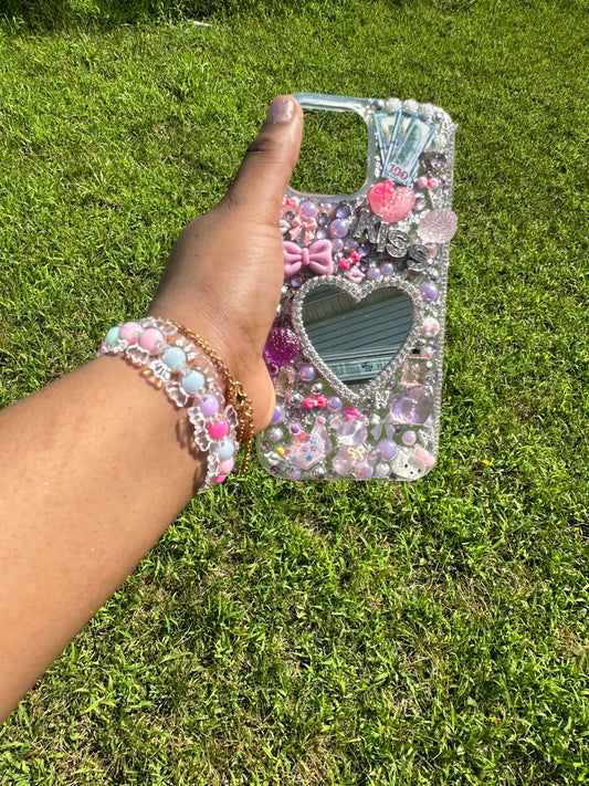 Custom iPhone 13 Pro Max Case – Rose & Mauve Rhinestone Mirror Eye Glam ✨💖💜