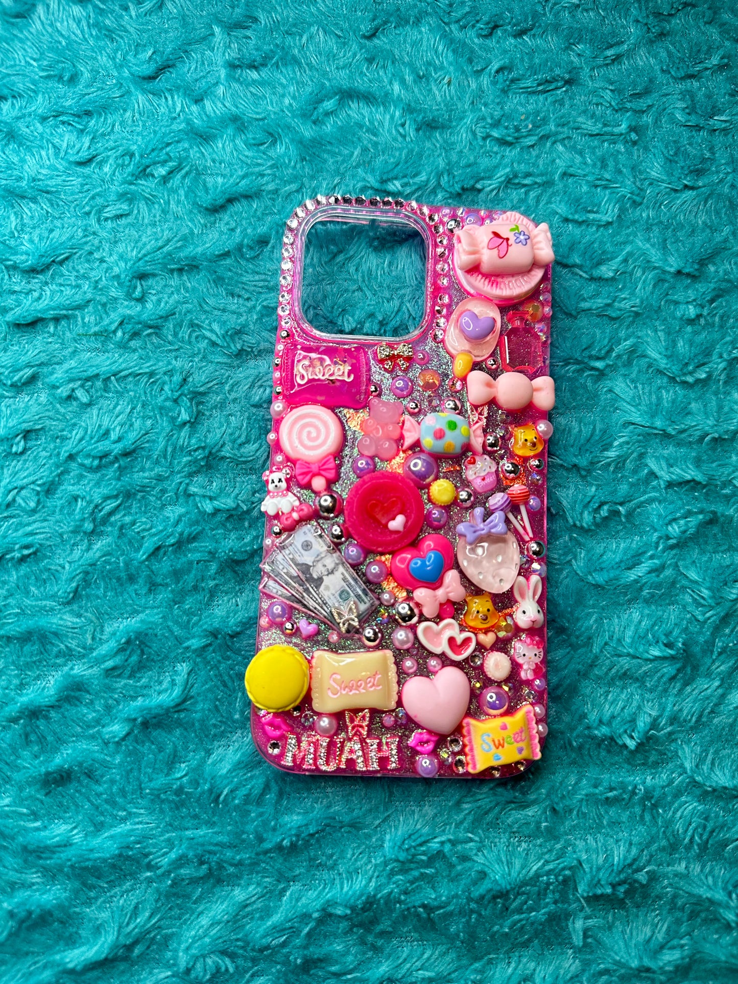 Custom iPhone 14 Pro Max Case – Rose Rhinestones & Sweet Charm ✨🌹🍬