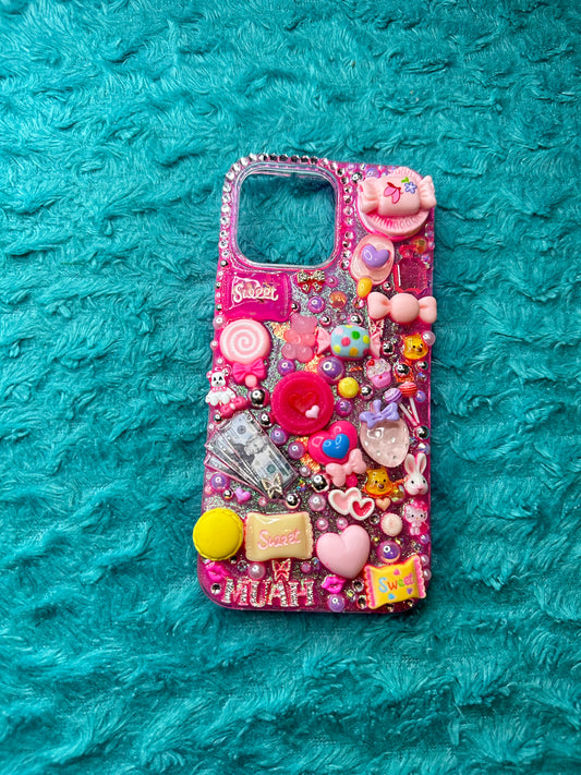 Custom iPhone 14 Pro Max Case – Rose Rhinestones & Sweet Charm ✨🌹🍬